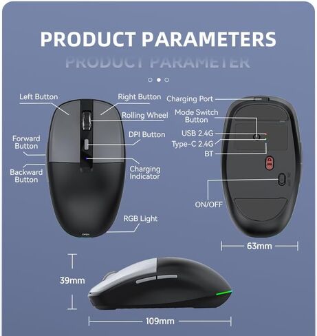 Wireless Bluetooth Mouse,Tri Mode(Bluetooth & USB-C & USB-A) Type-C Cordless Mice with LED,6 Buttons,Rechargeable,Ergonomic Silent Clicks,3200D-PI for PC/Laptop/Tablet/Computer/Mac Multi-Device in Kuwait