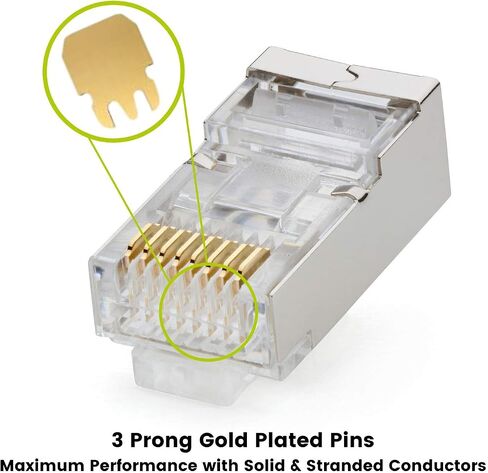 trueCABLE Cat5e RJ45 Pass Through Modular Plugs, Shielded (STP) Internal Ground Connector, UL Listed, EZ Crimp, Gold Plated 3 Prong 8P8C, 20 Pieces in Kuwait