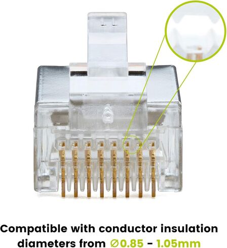 trueCABLE Cat5e RJ45 Pass Through Modular Plugs, Shielded (STP) Internal Ground Connector, UL Listed, EZ Crimp, Gold Plated 3 Prong 8P8C, 20 Pieces in Kuwait