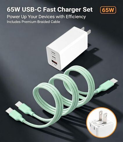 65W USB C Fast Charger, 3-Port PD Charger, 3 Cables, Green in Kuwait