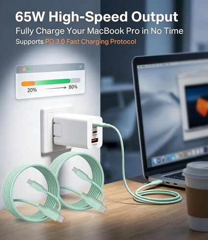 65W USB C Fast Charger, 3-Port PD Charger, 3 Cables, Green in Kuwait