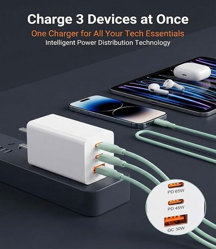 65W USB C Fast Charger, 3-Port PD Charger, 3 Cables, Green in Kuwait