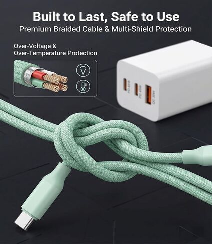 65W USB C Fast Charger, 3-Port PD Charger, 3 Cables, Green in Kuwait