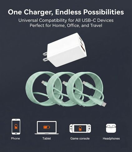 65W USB C Fast Charger, 3-Port PD Charger, 3 Cables, Green in Kuwait