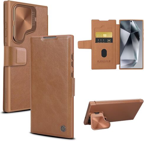 Nillkin for Samsung Galaxy S24 Ultra Wallet Case, PU Leather Case with Card Holder and Camera Cover, Built-in Camera Stand, Card Slot, Magnetic Flip Cover for Galaxy S24 Ultra 6.8 inch - Brown in Kuwait
