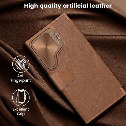 Nillkin for Samsung Galaxy S24 Ultra Wallet Case, PU Leather Case with Card Holder and Camera Cover, Built-in Camera Stand, Card Slot, Magnetic Flip Cover for Galaxy S24 Ultra 6.8 inch - Brown in Kuwait