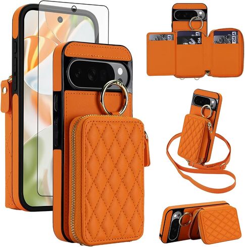 Phone Case for Google Pixel 9/9 Pro/10/10 Pro 5G Wallet Cell Cover RFID Blocking with Tempered Glass Screen Protector Wrist Crossbody Strap Zipper Ring Buckle Card Holder Slots Women Girls Black in Kuwait