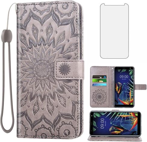 Phone Case for LG K40/K12 Plus/X4 2019/Solo LTE/Xpression Plus 2/Harmony 3 Wallet Cases with Tempered Glass Screen Protector Leather Flip Cover Card Holder Stand Cell LGK40 K 40 40K L423DL LMX420 Gray in Kuwait