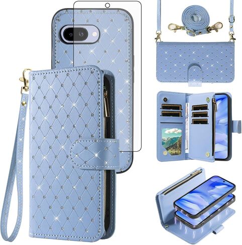 Compatible with Google Pixel 9 Pro XL Wallet Case Zipper Cell Tempered Glass Screen Protector Crossbody Strap Glitter Flip Card Holder Phone Cover for Pixel9 9Pro 9ProXL Nine Women Dark Blue in Kuwait
