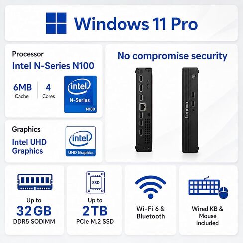 Lenovo mini Desktop Computer, Intel N100 CPU, Intel UHD Graphics, 16GB DDR5 RAM, 128GB PCIe SSD, Wins 11, Wi-Fi 6, Bluetooth, HDMI, DisplayPort, RJ-45, USB, Wired KB & Mouse, for Personal & Business in Kuwait