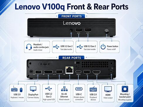 Lenovo mini Desktop Computer, Intel N100 CPU, Intel UHD Graphics, 16GB DDR5 RAM, 128GB PCIe SSD, Wins 11, Wi-Fi 6, Bluetooth, HDMI, DisplayPort, RJ-45, USB, Wired KB & Mouse, for Personal & Business in Kuwait