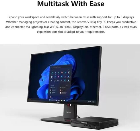 Lenovo mini Desktop Computer, Intel N100 CPU, Intel UHD Graphics, 16GB DDR5 RAM, 128GB PCIe SSD, Wins 11, Wi-Fi 6, Bluetooth, HDMI, DisplayPort, RJ-45, USB, Wired KB & Mouse, for Personal & Business in Kuwait