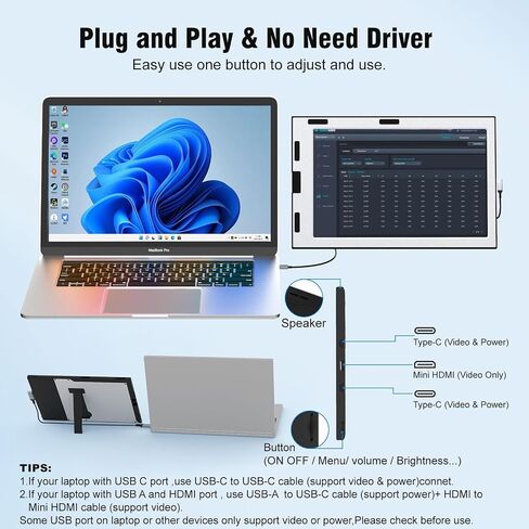 KEFEYA Laptop Screen Extender for 11"-17" Laptop, Upgraded 360° Rotation Triple Monitor for Laptop- 10.1" Portable Screen Extender Full IPS - HDMI/USB-A/Type-C Plug & Play for Wins/Mac/Chrome in Kuwait