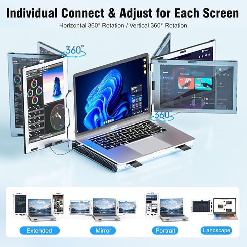 KEFEYA Laptop Screen Extender for 11"-17" Laptop, Upgraded 360° Rotation Triple Monitor for Laptop- 10.1" Portable Screen Extender Full IPS - HDMI/USB-A/Type-C Plug & Play for Wins/Mac/Chrome in Kuwait