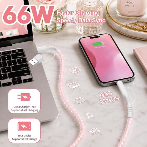 Aolcev 4 in 1 USB C Cable Multi Beaded for iPhone Charger Cord 3.3FT Pink in Kuwait