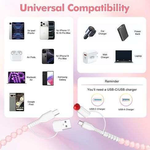 Aolcev 4 in 1 USB C Cable Multi Beaded for iPhone Charger Cord 3.3FT Pink in Kuwait