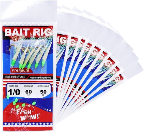 10pks Size 1/0 Fishing Bait Rigs Piscatore Lure with Gold Fishing Hooks with Fish Skin, Mylar Tassel, Glow Green Head and Glow Beads in Kuwait