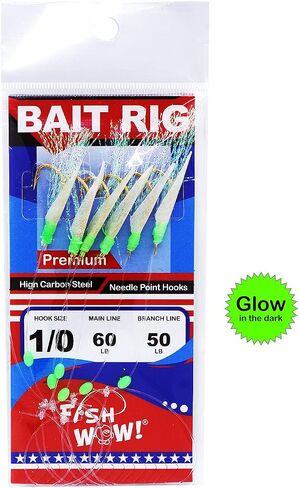 10pks Size 1/0 Fishing Bait Rigs Piscatore Lure with Gold Fishing Hooks with Fish Skin, Mylar Tassel, Glow Green Head and Glow Beads in Kuwait