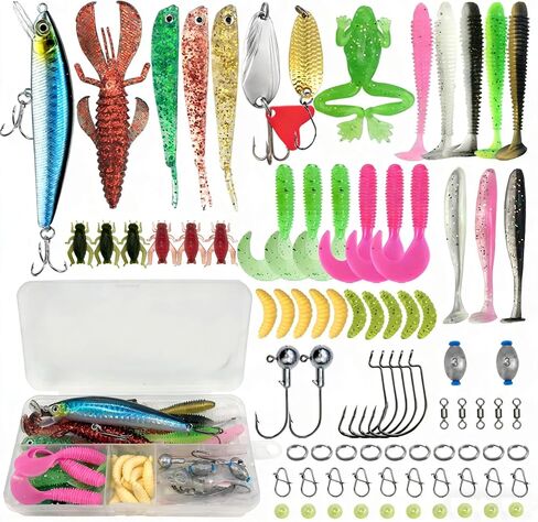 Fishing Lures, Fishing Lures Kit for Bass Salmon Trout Fishing,Hooks, Topwater Lures and Plastic Worms,83Pcs Fishing Lure Tackle in Kuwait