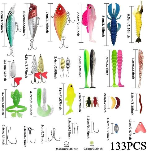 Fishing Lures, Fishing Lures Kit for Bass Salmon Trout Fishing,Hooks, Topwater Lures and Plastic Worms,83Pcs Fishing Lure Tackle in Kuwait