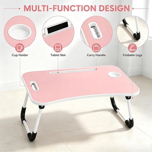 Foldable Laptop Bed Tray Table with Cup Holder, Pink in Kuwait