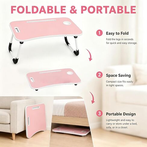 Foldable Laptop Bed Tray Table with Cup Holder, Pink in Kuwait