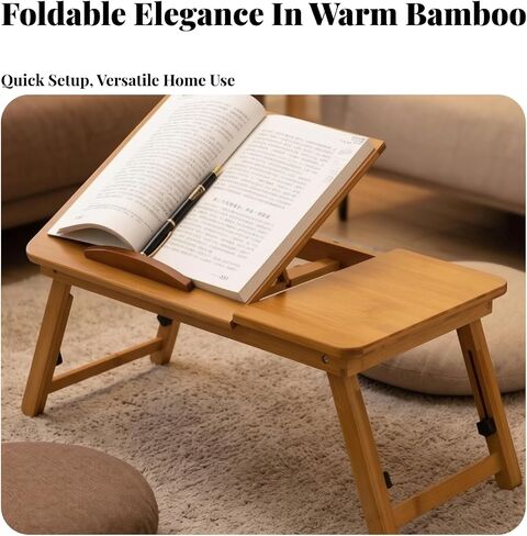 Bamboo Folding with Height Adjustable Support Legs Tilting Top for Comfortable Viewing Portable Laptop Stand for Couch Bed Under Bed Suitable for Reading, Medium, 64 Cm in Kuwait