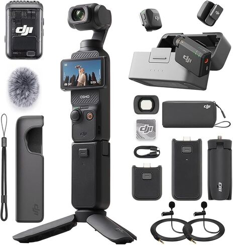 DJI Osmo Pocket 3 Creator Combo 4K 120fps Handheld 3-Axis Gimbal Bundle Mic Mini (2 TX + 1 RX + Charging Case) + 2X Deco Essentials 3.5mm Computer Clip-On Mini Lapel Microphone in Kuwait