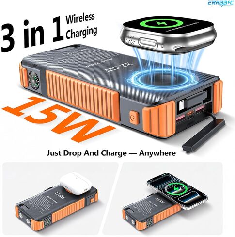 Solar Power Bank 20000mAh, Portable Wireless Charger for Watch Phone AirPod in Saudi Arabia