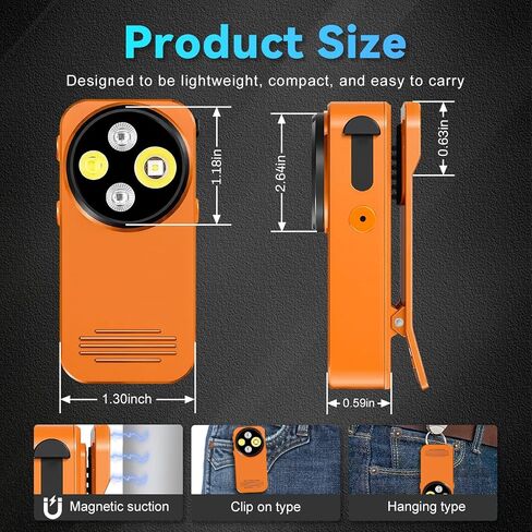 EDC Flashlight Clip-on Light, 600 Lumens Rechargeable Flashlight, Mini Pocket Clip-on Light with RGB Mode, Magnetic Small Flashlight Type-C for Camping Repairing Signaling Cycling, Orange in Kuwait
