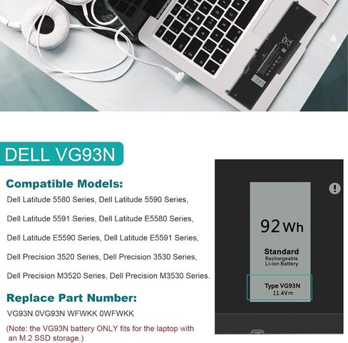 ASUNCELL VG93N 92Wh 6-Cell Laptop Battery Compatible with Dell Precision 15 3520 3530 M3520 M3530 Latitude 5580 5590 5591 E5580 E5590 E5591 Series 0VG93N WFWKK 0WFWKK 11.4V 7666mAh in Kuwait