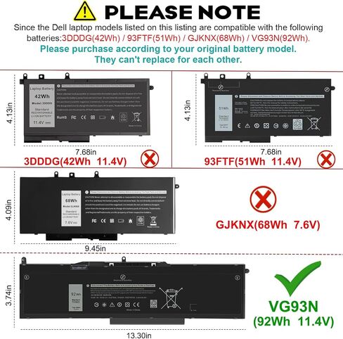 ASUNCELL VG93N 92Wh 6-Cell Laptop Battery Compatible with Dell Precision 15 3520 3530 M3520 M3530 Latitude 5580 5590 5591 E5580 E5590 E5591 Series 0VG93N WFWKK 0WFWKK 11.4V 7666mAh in Kuwait