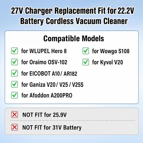 27V Vacuum Charger Power Cord AC Adapter Fit for 22.2V Battery Cordless Stick Vacuum Cleaner for WLUPEL Hero 8 Wowgo S108 Oraimo OSV-102 EICOBOT A10 Ganiza V20 in Kuwait