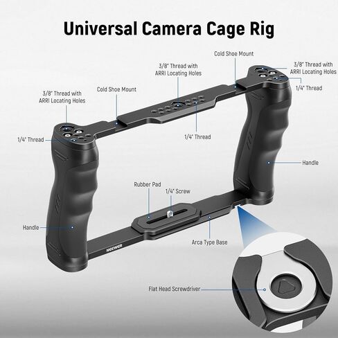NEEWER Universal Camera Cage with Top Handle & Cold Shoe Monitor Mount, Arca Type Camera Gimbal Stabilizer Video Rig, Dual Handgrips & 3/8" for ARRI Compatible with SmallRig Accessories, CA016T+MA006 in Kuwait