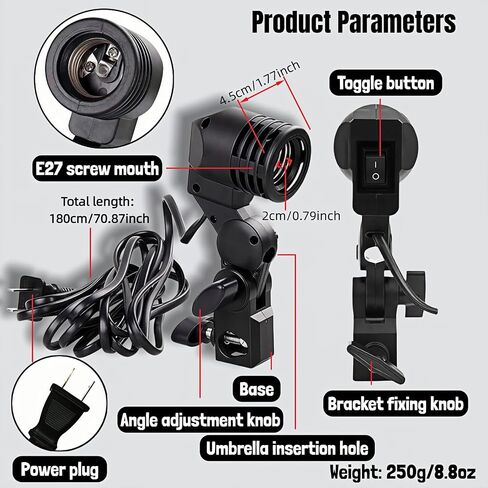 E27 Lamp Holder with Umbrella Bracket, 360° Adjustable Photography Light Stand Mount with 1.8M Cable & Switch, Nylon E27 Socket for Studio Video Recording, Live Streaming, and Continuous Lighting in Kuwait