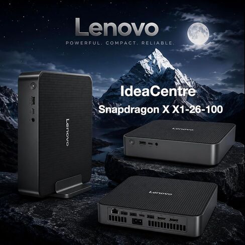 Lenovo IdeaCentre SDX126 Copilot + Mini Desktop (Qualcomm Snapdragon X X1-26-100, Qualcomm Adreno, 32GB LPDDR5X, 512GB SSD, WiFi 7, Bluetooth 5.4, 150W PSU, RJ-45, Win 11 Home) w/DKZ USB Port Expander in Kuwait