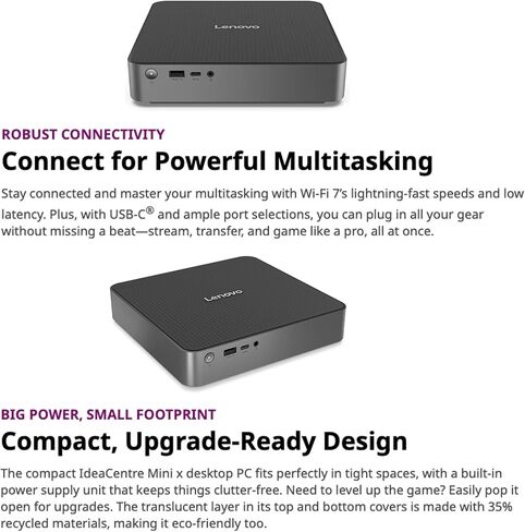 Lenovo IdeaCentre SDX126 Copilot + Mini Desktop (Qualcomm Snapdragon X X1-26-100, Qualcomm Adreno, 32GB LPDDR5X, 512GB SSD, WiFi 7, Bluetooth 5.4, 150W PSU, RJ-45, Win 11 Home) w/DKZ USB Port Expander in Kuwait