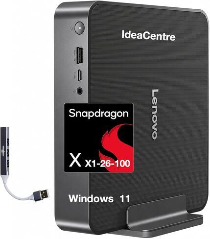 Lenovo IdeaCentre SDX126 Copilot + Mini Desktop (Qualcomm Snapdragon X X1-26-100, Qualcomm Adreno, 32GB LPDDR5X, 2TB PCIe SSD, WiFi 7, Bluetooth 5.4, 150W PSU, Win 11 Pro) w/DKZ USB Port Expander in Kuwait