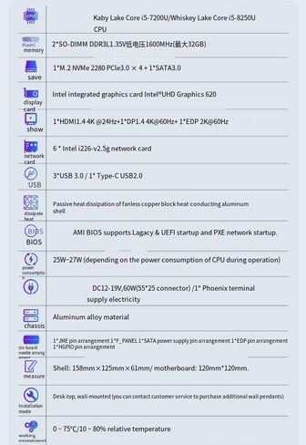 Micro Firewall Appliance/Fanless Mini PC Core i5-8250U with 6 *I226 2.5G LAN,NO RAM NO SSD,Wifi/Bluetooth/5G , 2*DDR3L M.2 NVMe 2280 PCle3.0 × 4,Desktop Computer 4K Triple Display support Home Office in Kuwait
