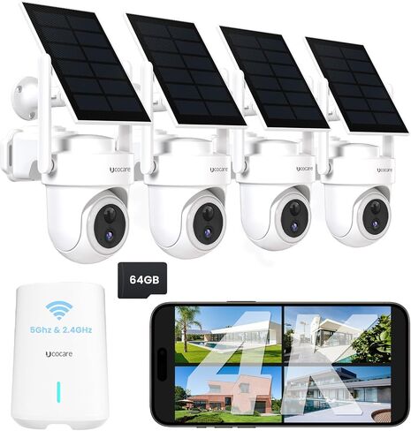 4K/8MP Solar Security Cameras Wireless Outdoor, Solar-Powered Home Security Camera System with Home Hud-300m Wifi Coverage 64GB TF Card-No Subscription, 5G/2.4G WiFi, Works in -14°F Cold,Auto Tracking in Kuwait