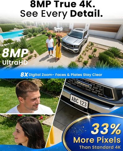 4K/8MP Solar Security Cameras Wireless Outdoor, Solar-Powered Home Security Camera System with Home Hud-300m Wifi Coverage 64GB TF Card-No Subscription, 5G/2.4G WiFi, Works in -14°F Cold,Auto Tracking in Kuwait
