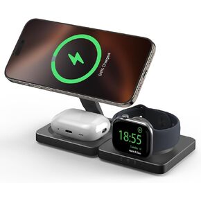 محطة شحن لاسلكية مغناطيسية للسفر - ADADPU 3 في 1 حامل شاحن قابل للطي لأجهزة Apple، وسادة شحن للسفر لهاتف iPhone 17 16 15 14 13 12 Pro Max Plus، لساعة Apple AirPods، أسود in Kuwait
