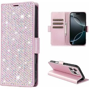 Compatible with iPhone 15 Pro Max 6.7" Bling Wallet Case with Credit Card Holder,Women Glitter Flip Phone Case Sparkle Rhinestone，RFID Blocking PU Leather Kickstand Shockproof Cover(Pink) in Saudi Arabia