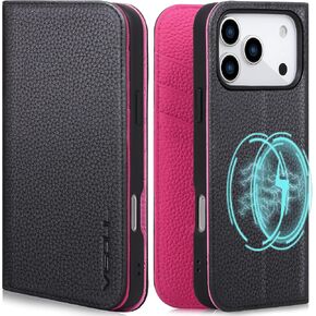 VISOUL Pebbled Leather Wallet Case for iPhone 18 Pro/17 Pro, Black+Red in Kuwait