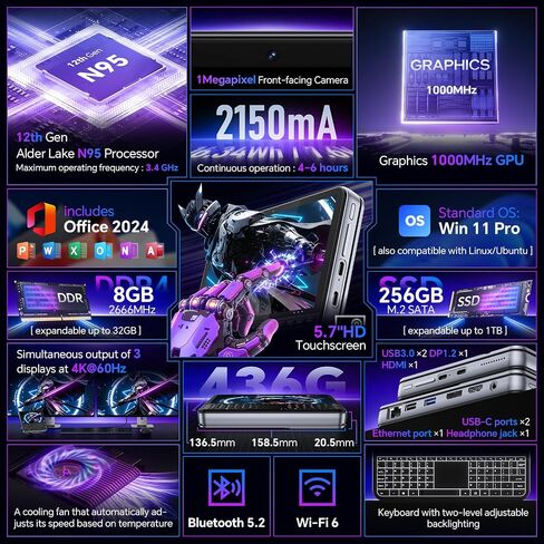 Mini PC 5.7" Touchscreen Handheld Computer, 8GB RAM 256GB SSD, N95 up to 3.4GHz, Win 11, Backlit Keyboard, WiFi6 BT5.2, Dual Type-C, HDMI 2.1 DP, Small Portable PC in Kuwait