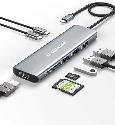 Lemorele USB C Hub 8-in-1 Adapter, USB-C Hub with 4K HDMI Output, 100W Power Delivery, USB 3.0 5Gbps Port, SD/TF Card Reader Adpater, Compatible for MacBook Pro, XPS, Chromebook and More(Silver) in Kuwait