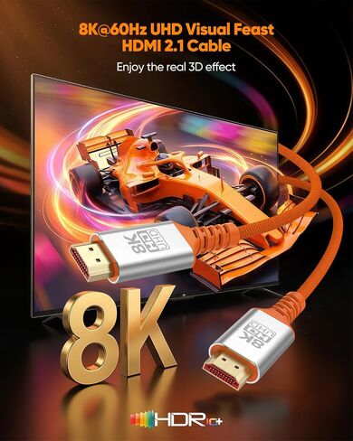 8K HDMI Cable 6.6FT Orange, Ultra High Speed HDMI 2.1 Cable 48Gbps in Kuwait