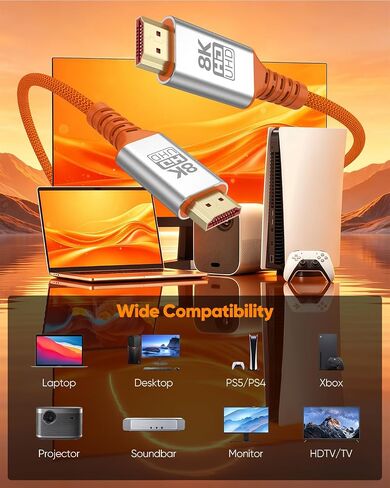8K HDMI Cable 6.6FT Orange, Ultra High Speed HDMI 2.1 Cable 48Gbps in Kuwait
