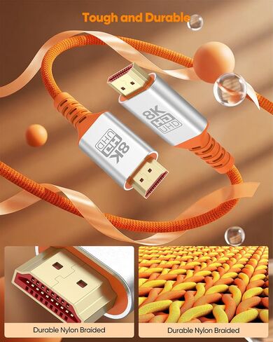 8K HDMI Cable 6.6FT Orange, Ultra High Speed HDMI 2.1 Cable 48Gbps in Kuwait
