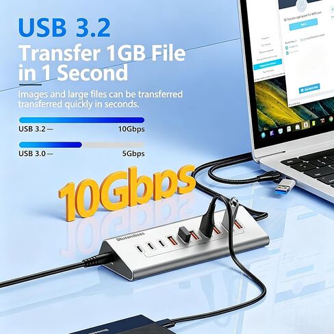 10-Port 60W Powered USB 3.2 Hub, Aluminum 10Gbps USB Hub for Laptop, PC in Kuwait